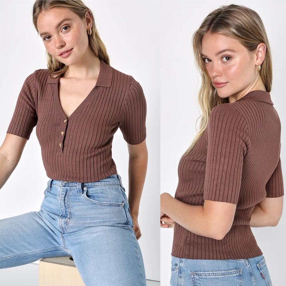 Lulus Favorite Finish Brown Ribbed Henley Sweater Top